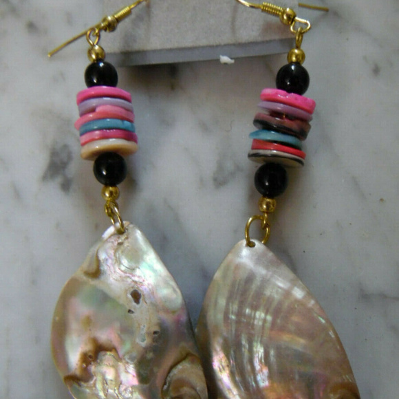 NEW~ABALONE~80'S~GOLD~STAINLESS~DANGLE EARRINGS - Picture 3 of 7
